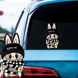 Labubu Popmart  Sticker Black And White Checkered Scarf, Canvas, Creative Car Sticker, Car, Motorcycle, Electric Bike Chassis Decoration Sticker