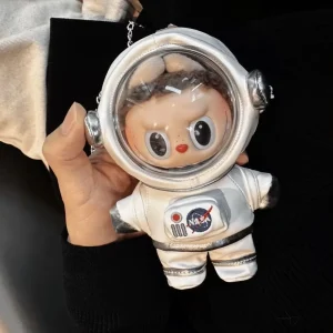 17cm Labubu Astronaut Vinyl Dolls Clothes Set Case Kawaii Cartoon Universe Charm Outfit Space Theme Baby Bag With Chain