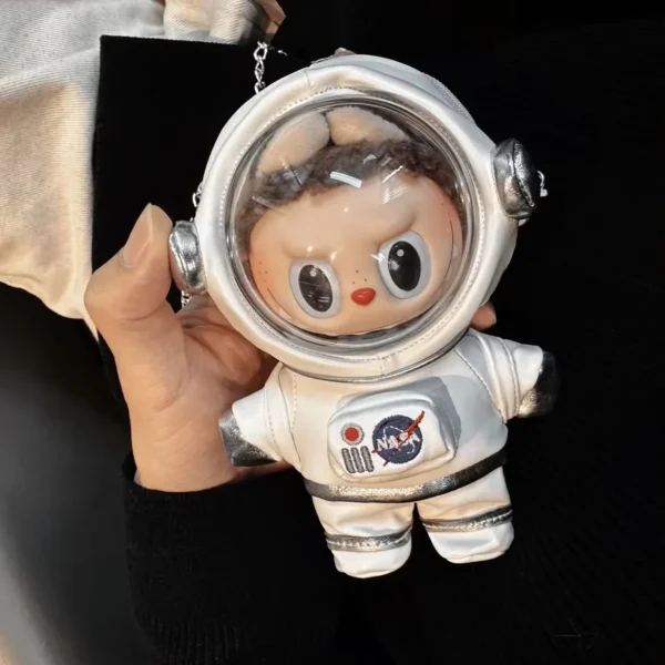 17cm Labubu Astronaut Vinyl Dolls Clothes Set Case Kawaii Cartoon Universe Charm Outfit Space Theme Baby Bag With Chain